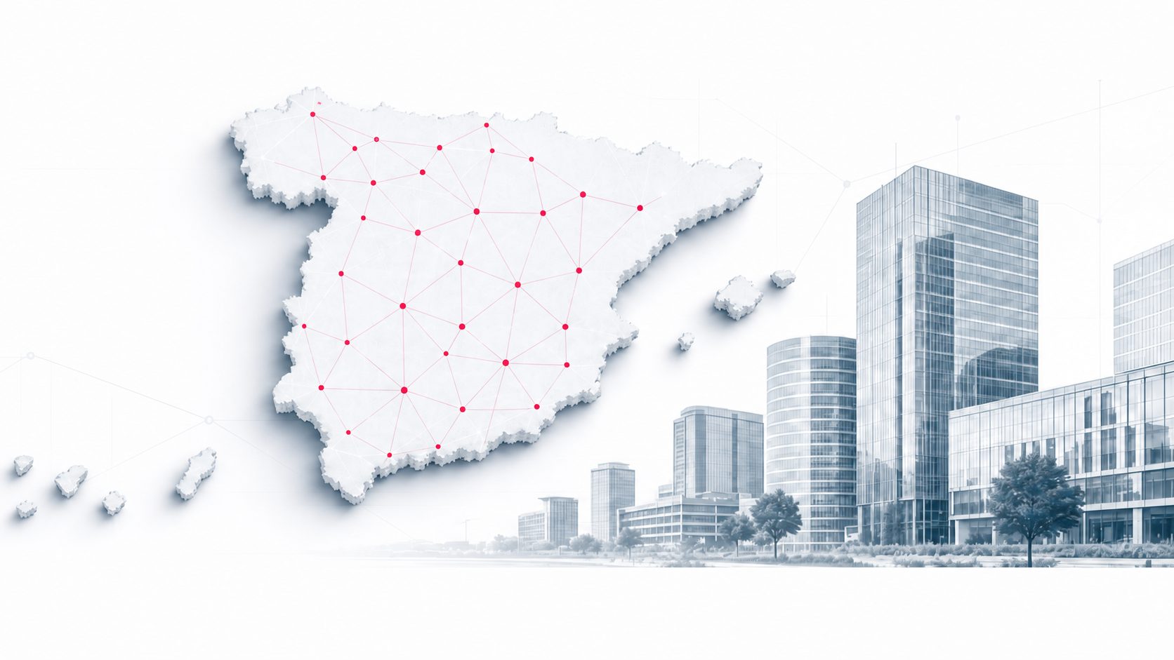 Mapa de España en relieve blanco con red de nodos fucsia sobre un skyline corporativo en blanco y negro